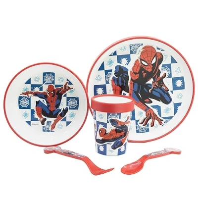 Image of 5 Piece Children&#039;s Dishwasher with Anti Slip Base Plate, Bowl, 260ML Glass and CUTLERS. BPA Free Spiderman Arachnid Grid