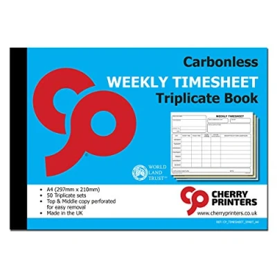 Image of Cherry Carbonless NCR Weekly Timesheet Triplicate Book A4 50 Sets