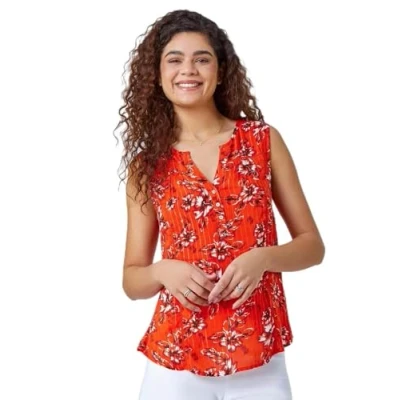 Image of Roman Originals Sleeveless Shirt For Women UK Ladies Summer Top Smart Blouse Stretchy Jersey T Casual Spring Holiday Party Beach Vacation Everyday Notch Neck Lightweight Orange Multi Size 20