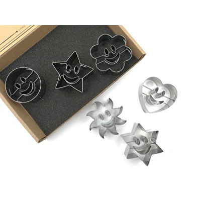 Image of JOKUMO Smiley Cookie Cutters Set 6 PC High Grade 430 Stainless Steel Circle, Sun, Flower, Hexagon, Star and Heart
