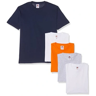 Image of Fruit of the Loom Men&#039;s Heavy T Shirt Pack 5, White/White/Orange/Grey/Navy, X Large