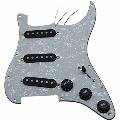 Image of Dopro Custom Loaded Strat SSS Pickguard Prewired ST With Ceramic Pickups for USA/Mexican Fender White Pearl Black Covers and Knobs