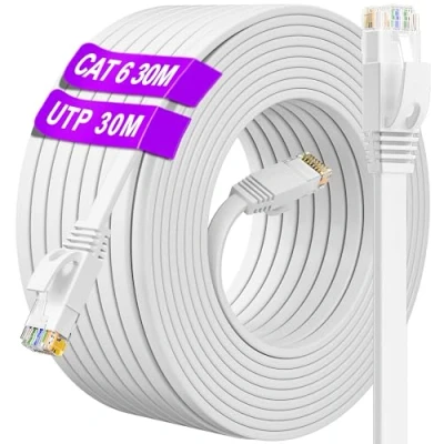 Image of Ethernet Cable 30m Long, Cat 6 Internet High Speed Flat, RJ45 Network White Lan Outdoor Indoor 250Mhz Patch Cord, Gigabit Broadband for Router Switch Home Office (30 Clips)