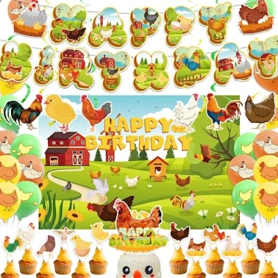 Image of Chicken Birthday Decorations Party Supplies Set with Banner Backdrop Spirals Cake Cupcake Toppers Balloons for Farm Baby Shower