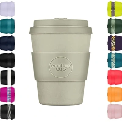 Image of Ecoffee Cup 8oz 240ml Reusable Eco Friendly 100% Plant Based Coffee with Silicone Lid &amp; Sleeve Melamine Free Biodegradable Dishwasher/Microwave Safe Travel Mug, Molto Grigio