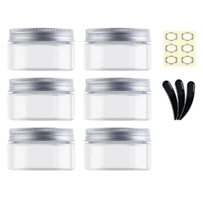 Image of Alledomain 6PCS 100ML Empty Plastic Jars, Clear Round Cosmetic Containers Cream Jars with Inner Liners &amp; Aluminum Alloy Lids Travel for Storing Lip, Body Scrub, Lotion, Powder, Ointment, Makeup