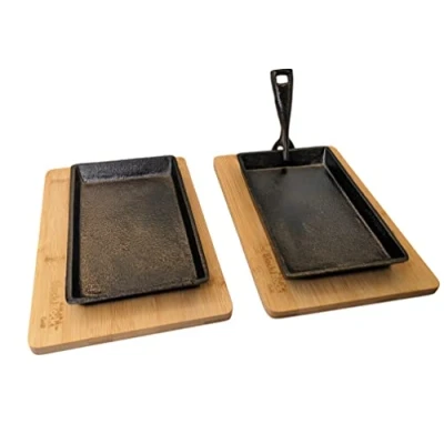 Image of Black Rock Grill Cast Iron Skillet, Sizzler Plate, Fajita Skillet + Wooden Board 2 Set