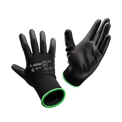 Image of ASPRO 30 Pairs Work and Gardening Gloves Black Nylon PU Coated Workwear for Builder, Gardener, Mechanic, Construction, Warehouse etc Size 8 (M)