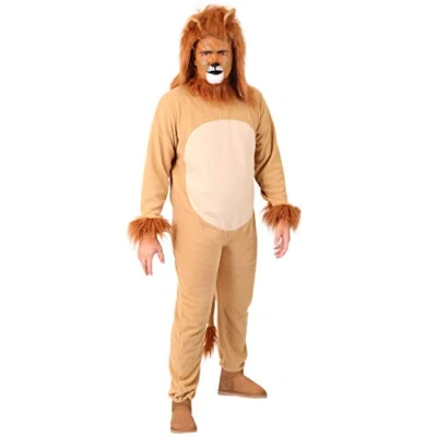Image of ADULTS LION COSTUME BROWN JUMPSUIT WITH TAIL + SEPARATE MANED HOOD WORLD BOOK DAY, HALLOWEEN, AND TV &amp; MOVIE CHARACTER FANCY DRESS (XX LARGE)