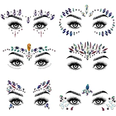 Image of URAQT Face Gems Glitter, 6 Pcs Glitter Halloween Stickers Set, Crystals Stick on for Eyes Body, Self adhesive Rhinestone Temporary Tattoos Festival Decorations