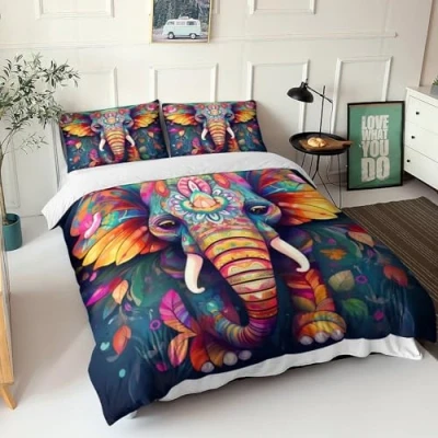 Image of GEEYOU Elephant Bedding Set Duvet Cover for 3D Printed 3 Pieces Microfiber Animal Comforter with Pillowcases Zipper Closure Quilt Kids Teens Adults Double（200x200cm）