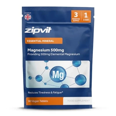 Image of Zipvit Magnesium 500mg, 90 Vegan Tablets, High Strength Supplement, Supports Bones and Teeth, Muscle Energy, Reduces Tiredness Fatigue, 3 Month Supply