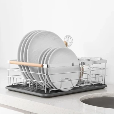 Image of Navaris Dish Rack Compact Drying Kitchen Board with Drip Tray &amp; Cutlery Holder Easy to Assemble and Clean Dishes Sink Drainer Silver Wooden Handles