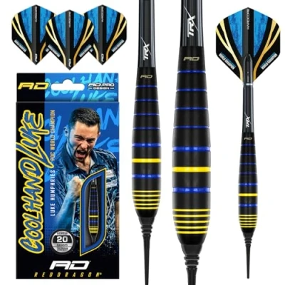 Image of RED DRAGON Luke Humphries Coolhand 20G Brass Softip Darts Set with flights and Shafts (Stems)