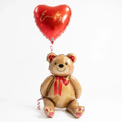 Image of Teddy Bear with Personalised Red Love Heart Shape Foil Balloon Inflated In A Box
