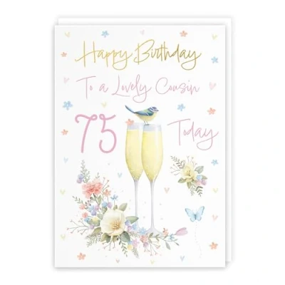 Image of Hunts England 75th Female Cousin Champagne Flutes Birthday Card Luxury Gold Foil Milo&#039;s Gallery Age 75 Pretty Flowers, Butterflies For A5 Size
