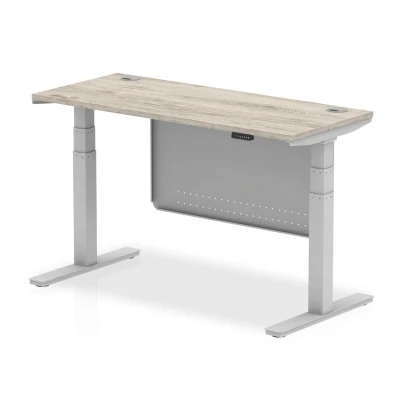 Image of Air 1400x600 Height Adjustable Desk Grey Oak CP Silver Leg Modesty Pnl