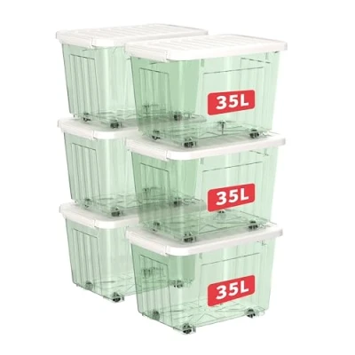 Image of Cetomo 35L*6 Storage Boxes with Wheels, Plastic Box Lid, Latching Buckles, Click Closure, Stackable, Nesting, Durable Organizer for Home Office Clothes, Clear Green, 35L 6 Pack