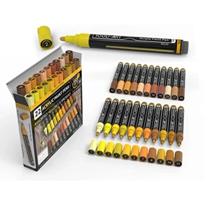 Image of TOOLI ART Acrylic Paint Pens 22 Assorted Pro Colour Series Markers Set 3mm Medium Tip for Rock Painting, Glass, Mugs, Wood, Metal, Canvas, DIY Projects, Non Toxic, Waterbased, Quick Drying. (YELLOW)