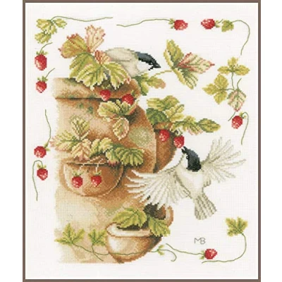 Image of Lanarte Counted Cross Stitch Kit Strawberries &amp; Birds (Evenweave), Fabric, Assorted, 32 x 22.5 2 cm