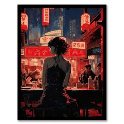 Image of Artery8 Ukiyo Cyberpunk Jazz Bar Film Noir Neon Anime Artwork Painting Framed Wall Art Print A4