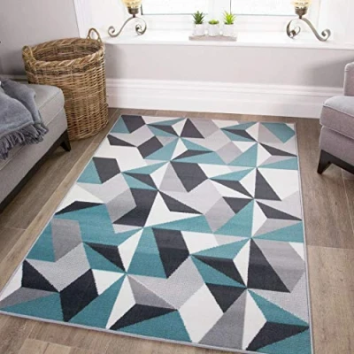 Image of Big Modern Thick Geometric Area Rug Grey White Duck Egg Blue Kaleidoscope Living Room Lounge Hallway Bedroom Rugs 160cm x 230cm