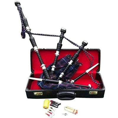 Image of Scottish Highland Bagpipe Pride of Scotland Tartan Black Finish with Silver Plain Mounts Bagpipes chanter Reeds, Free Tutor Book, Carrying Hard Case