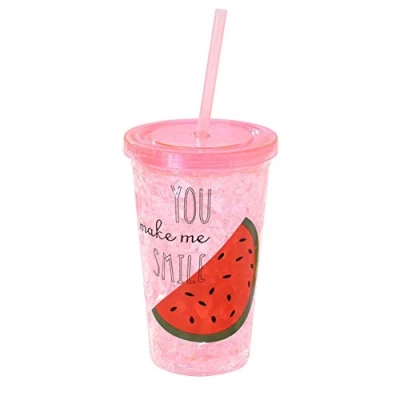 Image of Plastic Cups Double Wall Smoothie Iced Tumbler BPA Free Cold Drink Coffee Juice Tea Travel Cup with Lid Straw 470ml (Pink)