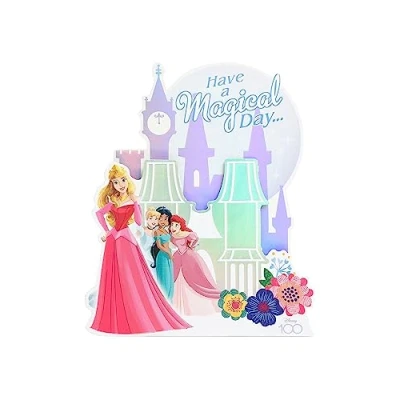 Image of UK Greetings Disney 100 Birthday Card For Her/Girl/Friend With Envelope Pop Up Castle Design, Aurora, Cinderella, Jasmine, Ariel