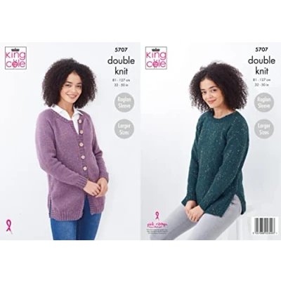 Image of King Cole 5707 Knitting Pattern Womens Cardigan and Sweater in Big Value Tweed DK, Multi, 32&#039;&#039; 50&#039;&#039;