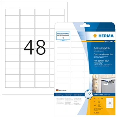 Image of HERMA Self Adhesive Film Labels, 48 Labels per A4 Sheet, 10 Sheets, 45.7 x 21.2 mm, 480 Blank Weatherproof Stickers, Sticky for Laser &amp; Inkjet Printer, White