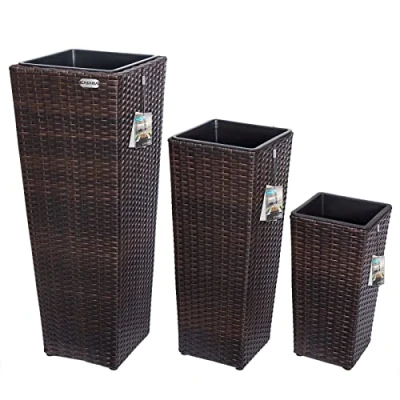 Image of CASARIA® 3x Rattan Plant Pots Brown Flower Box Set Water Drainage with Lock Wicker Look Indoor Outdoor Boxes Entrance Decoration