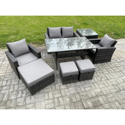 Image of 7 Seater pe Wicker Outdoor Garden Furniture Set Patio Rattan Rectangular Dining Table Lounge Sofa with 3 Footstools Side Fimous