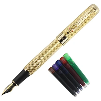 Image of Jinhao Golden Dragon Red Crystal Eyes Fountain Pen with Push in Style Ink Converter