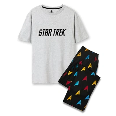 Image of Star Trek Mens Pyjama Set Adults Classic Logo Grey Short Sleeve Graphic Tee &amp; Black All Over Print Long Leg Bottoms PJs Badge Loungewear Trekkie Apparel Sci fi Movie Merchandise Gift for Him