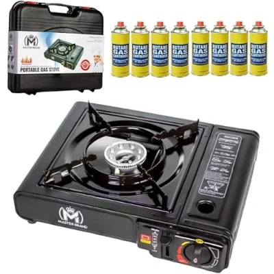 Image of Black Portable Camping Stove with Cary Case &amp; Butane Gas Compliant Premium Automatic Ignition Heat Control (Stove 8 Gas)