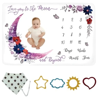 Image of wocharm Baby Milestone Mat Blanket photo prop with floral numbers Newborn Boy Girl Gift(Purple Moon)