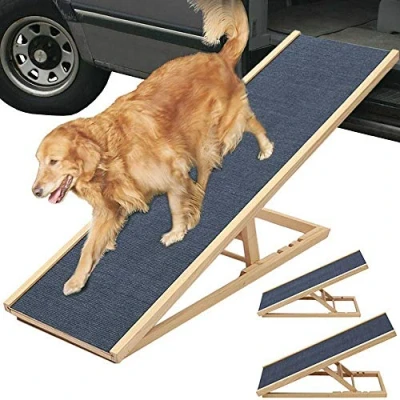 Image of Solid Wooden Pet Ramp Car Dog Ladder 2 Height Adjustable with Non slip Carpet Safety Pets Puppy Surface Access Stair Max Load 150kg (L70cm x W35cm, H30/40cm)