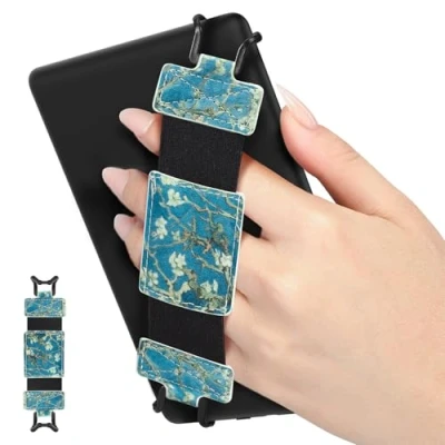 Image of MoKo Soft Hand Strap for 6 8&quot; Kindle eReaders Fire Tablet Kindle/Kobo/Voyaga/Lenovo/Sony E Book Tablet, Black High Elasticity Versatile Lightweight Finger Grip Holder,Apricot Blossom