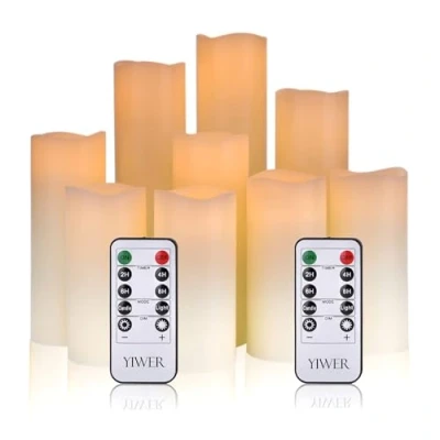 Image of YIWER LED Candles,Flameless Candles Φ 2.2&quot; x H 4&quot;/5&quot;/6&quot;/7&#039;&#039;/8&#039;&#039;/9&#039;&#039; Real Wax Battery Candle Pillars, 10 Key Remote Control with 24 Hour Timer Function (Ivory) (1 * 9)