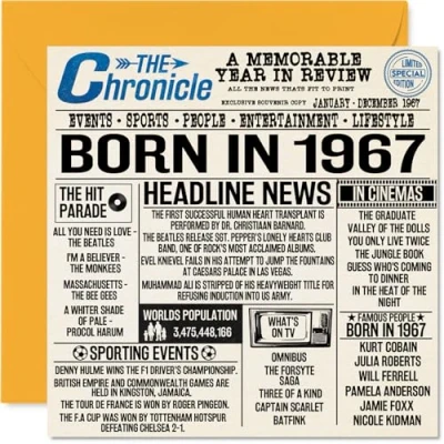 Image of 57th Birthday Cards for Men Women Born In 1967 Newspaper Happy 57 Card Mum Dad Uncle Aunt Vintage Retro Back 1967, 145mm x Fifty Seven Seventh Bday Greeting