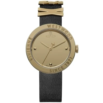 Image of Vivienne Westwood Rebel Ladies 30mm Quartz Analogue Display Watch with Gold Mirror Dial and Black Leather Strap