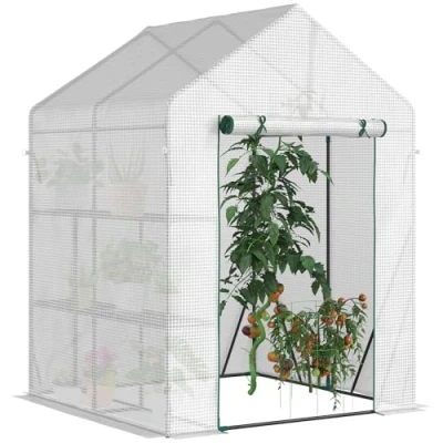 Image of Outsunny Greenhouse for Outdoor, Portable Gardening Plant Grow House with 2 Tier Shelf, Roll Up Zippered Door, PE Cover, 143 x 195cm, Green