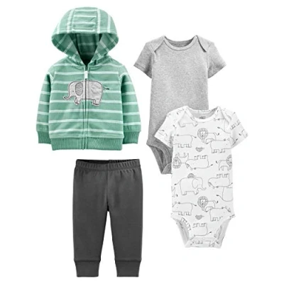 Image of Simple Joys by Carter&#039;s Baby Boy&#039;s 4 Piece Jacket, Pant, and Bodysuit Set Layette, Dark Grey/Grey/Mint Green Elephant/White Forest Animals, 0 Months