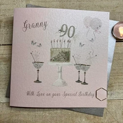 Image of WHITE COTTON CARDS Happy 90th Birthday Card Granny Champagne Glasses Pink &amp; Gold Sparkly Cake SS42 GNY90