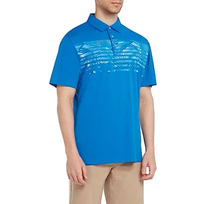 Image of PGA Tour Golf Men&#039;s Polo Shirt, Engineered Tropical Print, Short Sleeve, Regular Fit, Stretch Seams, Blue, Medium