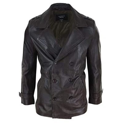 Image of TruClothing Mens Real Leather 3/4 Double Breasted Pea Coat Sherlock Brown Sailor Classic XL