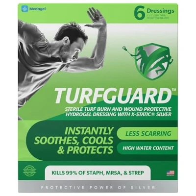 Image of TURFGUARD Turf Burn and Wound Dressing, Hydrogel Pads with x Static Silver, Soothing, Cooling Protective Treatment for Grass Burns &amp; Wounds, 2&quot; 3&quot; Sterile Dressings, 6 Count