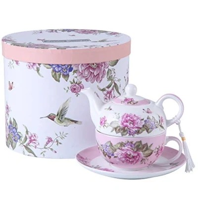 Image of Tea for One Teapot Cup suacer Set Shaby Chic Flora Bird Rose Butterfly Porcelain Gift Box (Pink)