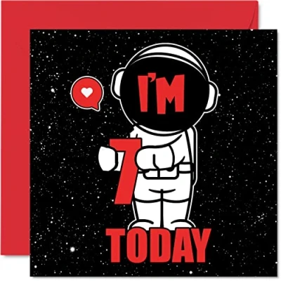 Image of 7th Birthday Card Unisex Space Astronaut Happy 7 Year Old Son Daughter Brother Sister Grandson Granddaughter Niece Nephew Cousin, 145mm x Seventh Bday Greeting